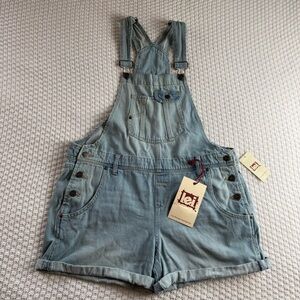 LEI Y2K Denim Overalls Romper Juniors Shorts Sz L 100% Cotton Light Vtg Wash